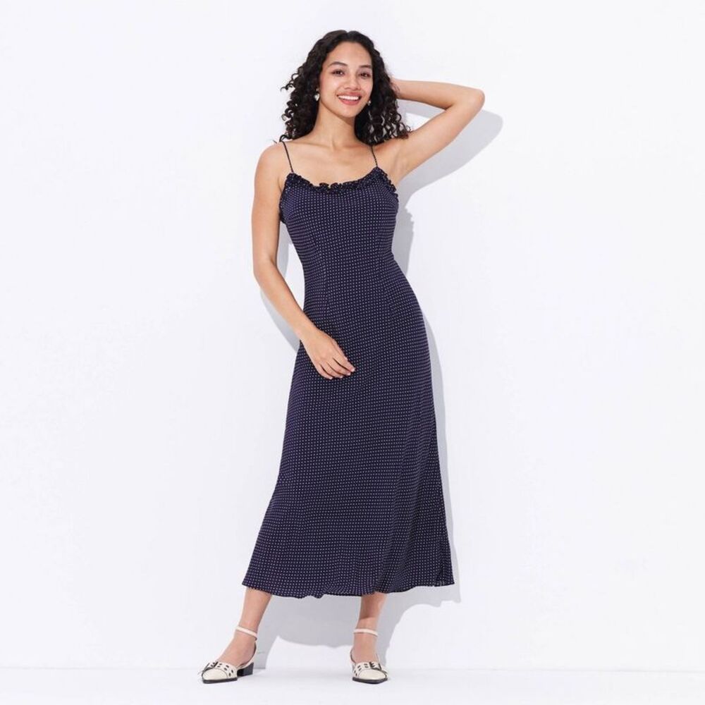 Women's Ruffle Neck Maxi Slip Dress - Wild Fable Navy Blue Polka Dots S